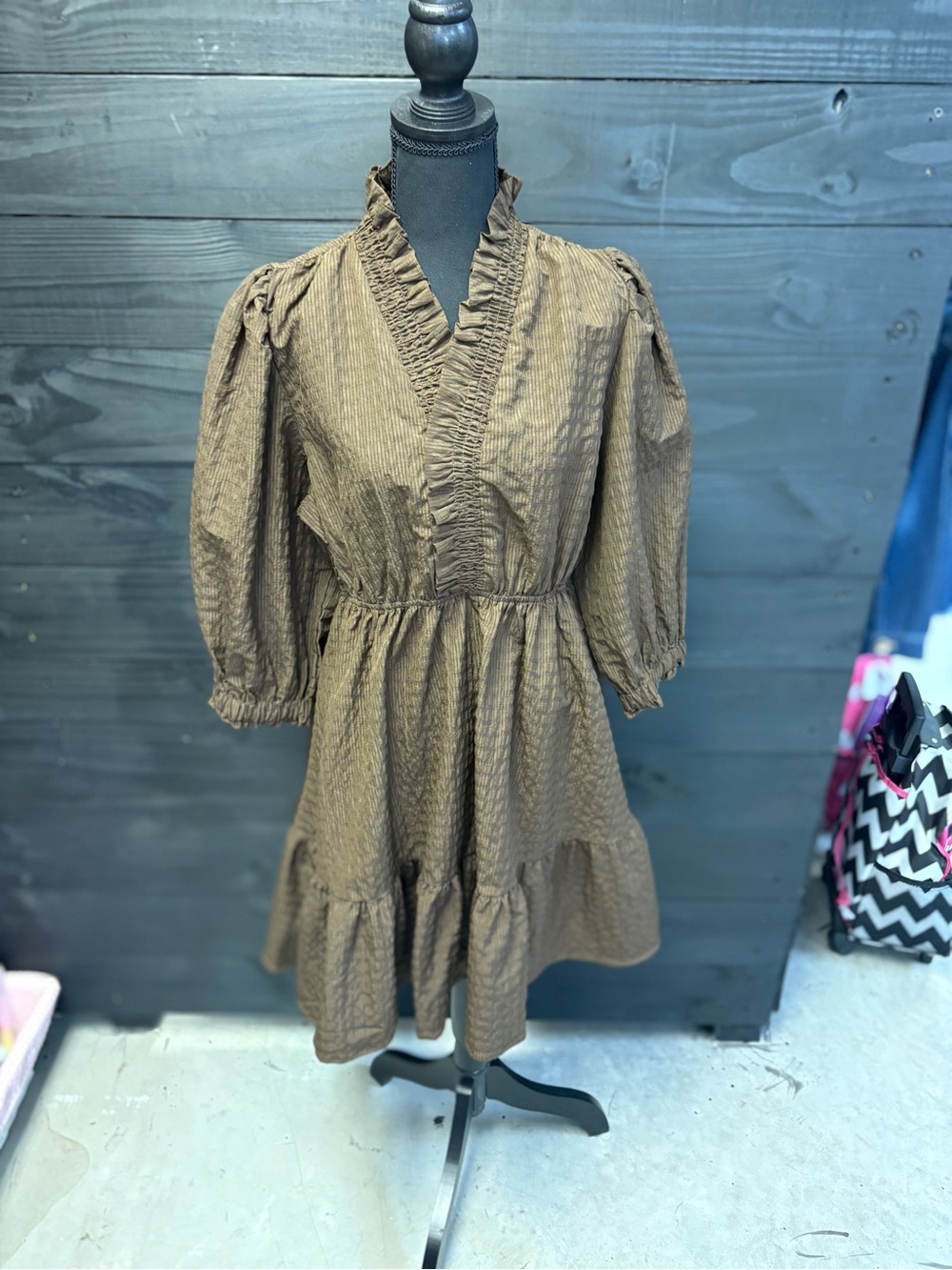 Umgee Brown Ruffle V-Neck Tiered Mini Dress